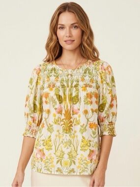 Rose & Olive White Floral Smocked Peasant Blouse with Green & Pink Accents